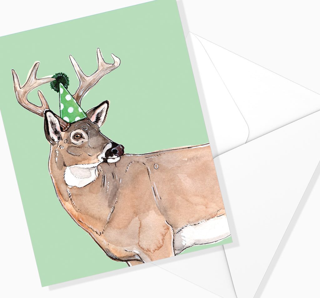 Carte Cerf Bonne Fête - Fond VERT / MARIE-ÈVE ARPIN