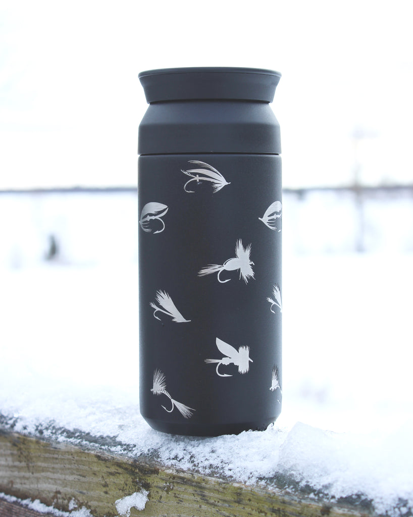 Tasse ISOTHERME - Motif de Mouches à Pêche - 12 onces / RETOUR A LA TERRE