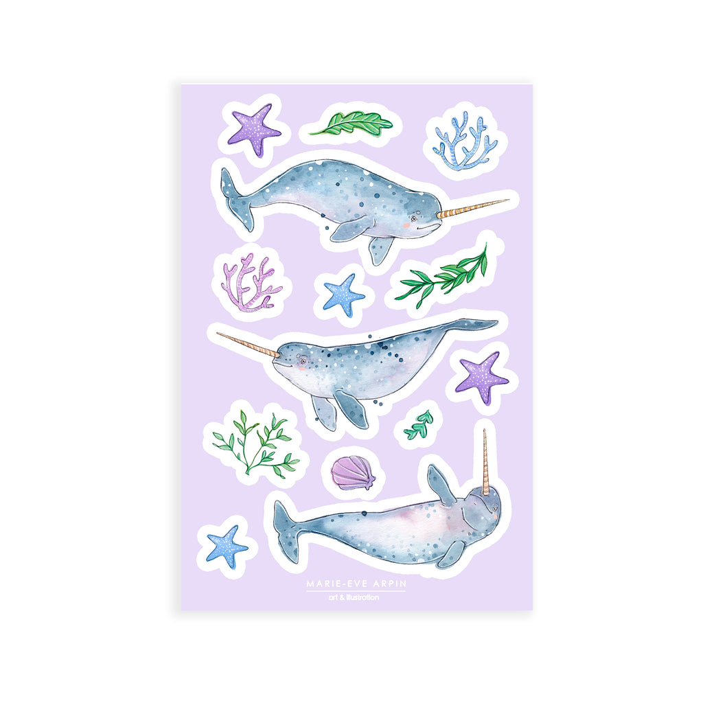 FEUILLE D'AUTOCOLLANT - 4 x 6 pouces - Narvals / MARIE-ÈVE ARPIN