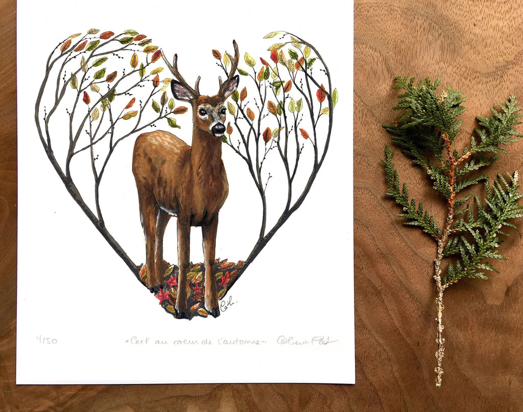 AFFICHE 8X10 - CERF AU COEUR DE L'AUTOMNE / CATHERINE PLANTE ARTISTE