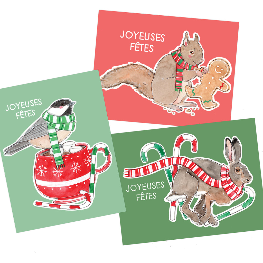 Ensemble de 6 Cartes de Noël / Mésange Lièvre Écureuil / FOND COULEUR- MARIE-ÈVE ARPIN