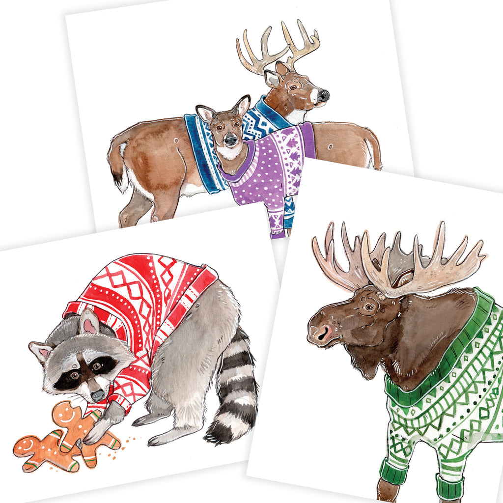 Ensemble de 6 Cartes de Noël / Raton Laveur - Orignal - Cerf / FOND BLANC - MARIE-ÈVE ARPIN
